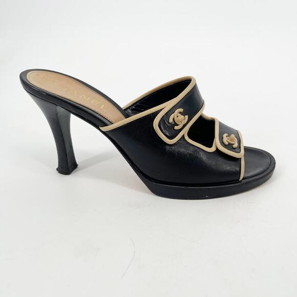 Vintage Chanel Black & Beige Leather CC Logo Slide Mule Heels size EU 36 - Picture 3 of 14